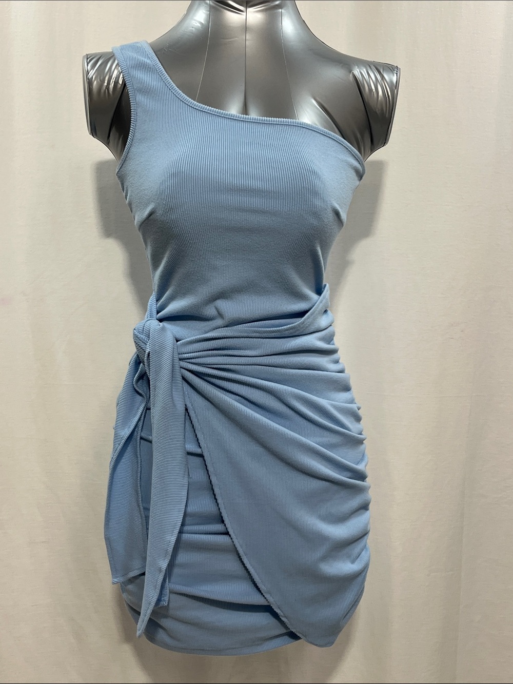 Asymmetric One-Shoulder Ruched Mini Dress in Light Blue casual work party 1360